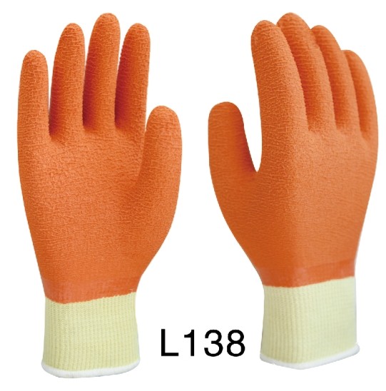 L138 十针细涤棉纱线天然乳胶波浪纹全浸手套